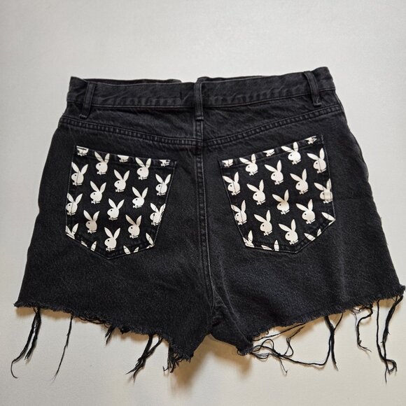 Playboy By Pacsun Womens 28 High Rise Button Fly Black Jean Hot Shorts Distress - Picture 1 of 9